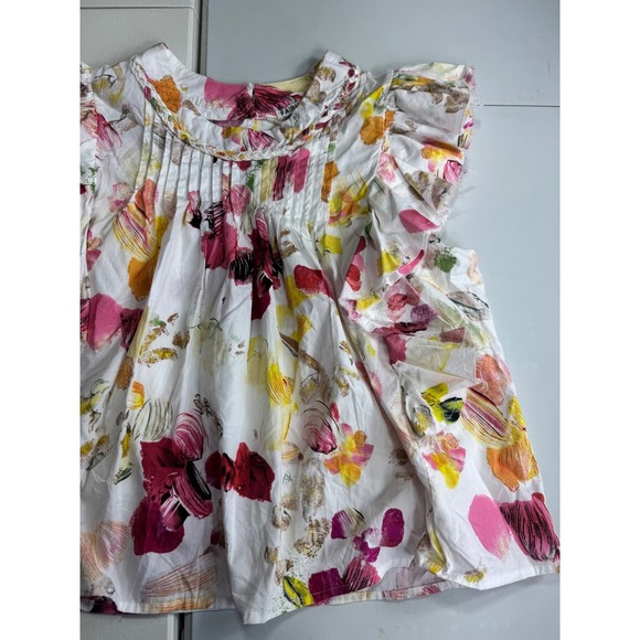 Fairhope Floral Ruffle Sleeve Top Pintuck Detail White Pink Yellow M - Picture 3 of 11
